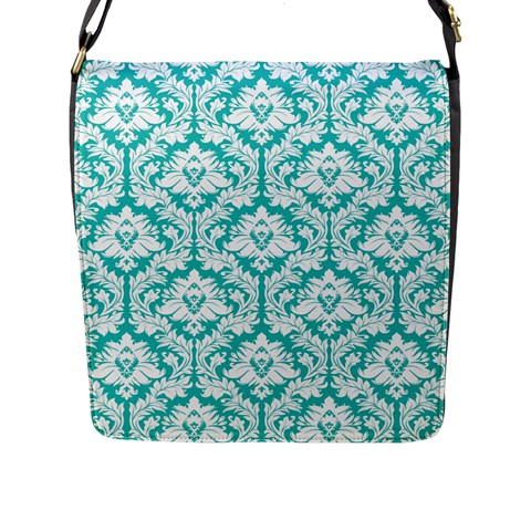 Turquoise Damask Pattern Flap Closure Messenger Bag (L) from ArtsNow.com Front