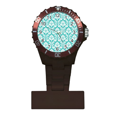 White On Turquoise Damask Nurses Watch from ArtsNow.com Front