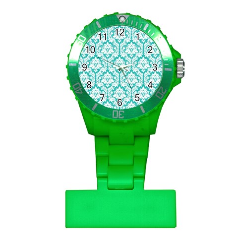 White On Turquoise Damask Nurses Watch from ArtsNow.com Front