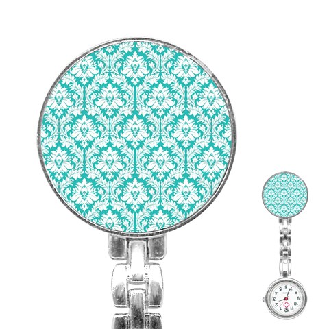 White On Turquoise Damask Stainless Steel Nurses Watch from ArtsNow.com Front