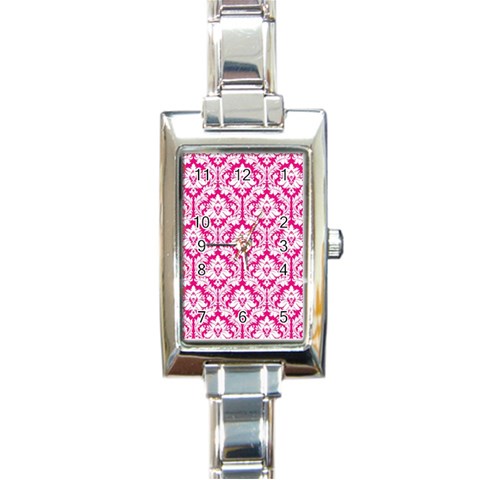 White On Hot Pink Damask Rectangular Italian Charm Watch from ArtsNow.com Front