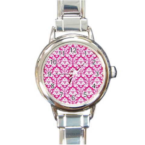 White On Hot Pink Damask Round Italian Charm Watch from ArtsNow.com Front