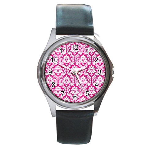 White On Hot Pink Damask Round Leather Watch (Silver Rim) from ArtsNow.com Front