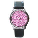 White On Hot Pink Damask Round Leather Watch (Silver Rim)