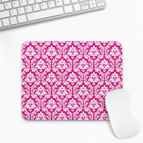 White On Hot Pink Damask Small Mouse Pad (Rectangle) from ArtsNow.com Front