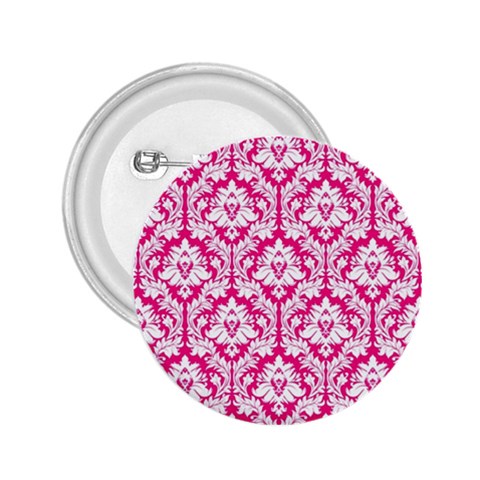 White On Hot Pink Damask 2.25  Button from ArtsNow.com Front