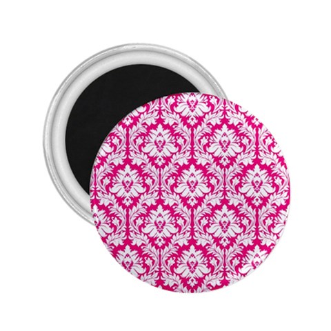 White On Hot Pink Damask 2.25  Button Magnet from ArtsNow.com Front