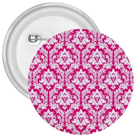 White On Hot Pink Damask 3  Button from ArtsNow.com Front