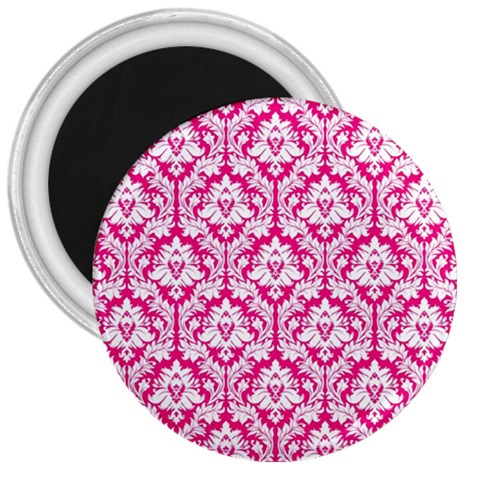 White On Hot Pink Damask 3  Button Magnet from ArtsNow.com Front