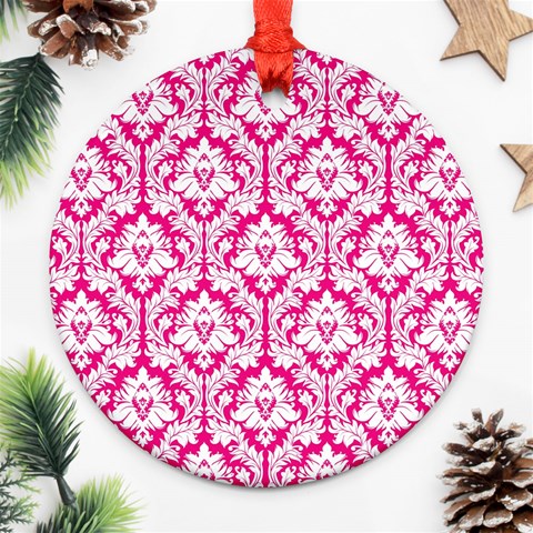 White On Hot Pink Damask Round Ornament from ArtsNow.com Front