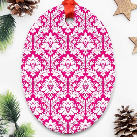 White On Hot Pink Damask Oval Ornament from ArtsNow.com Front