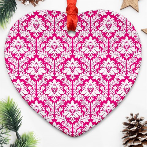 White On Hot Pink Damask Heart Ornament from ArtsNow.com Front