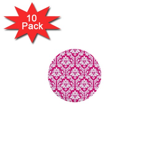 White On Hot Pink Damask 1  Mini Button (10 pack) from ArtsNow.com Front