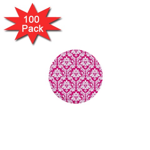 White On Hot Pink Damask 1  Mini Button (100 pack) from ArtsNow.com Front