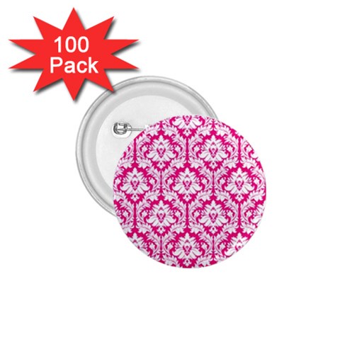 White On Hot Pink Damask 1.75  Button (100 pack) from ArtsNow.com Front