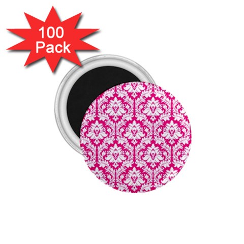 White On Hot Pink Damask 1.75  Button Magnet (100 pack) from ArtsNow.com Front