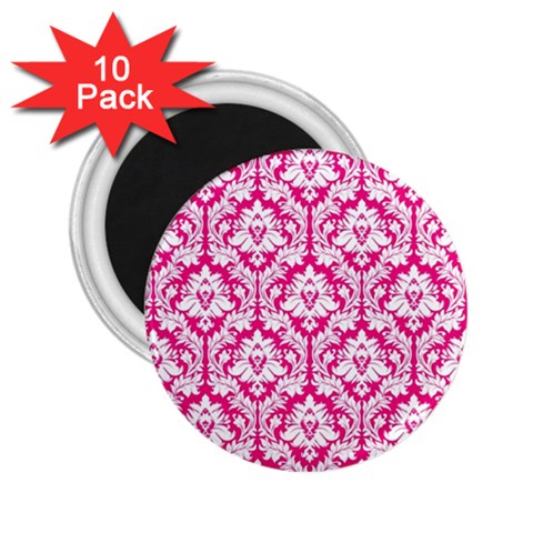 White On Hot Pink Damask 2.25  Button Magnet (10 pack) from ArtsNow.com Front