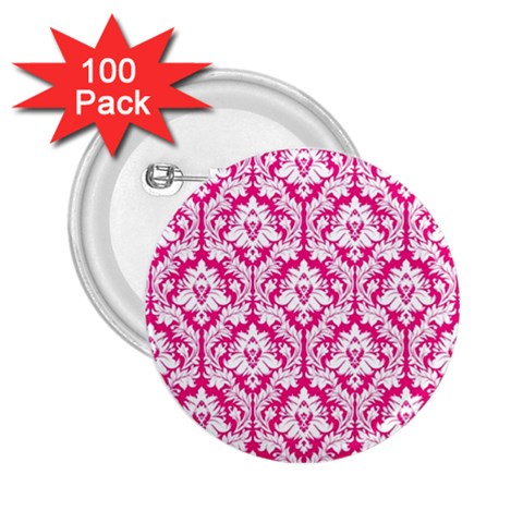 White On Hot Pink Damask 2.25  Button (100 pack) from ArtsNow.com Front