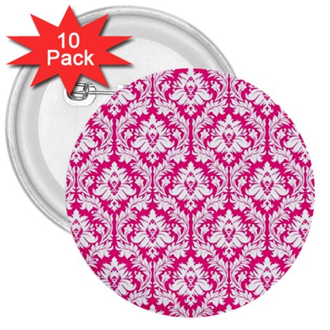 White On Hot Pink Damask 3  Button (10 pack) from ArtsNow.com Front