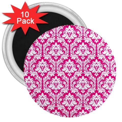 White On Hot Pink Damask 3  Button Magnet (10 pack) from ArtsNow.com Front