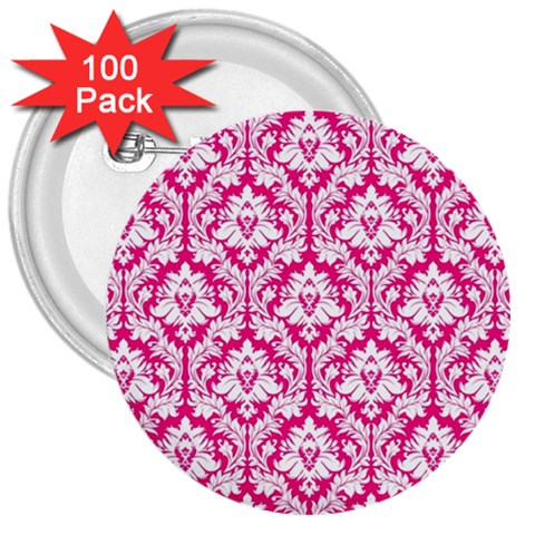 White On Hot Pink Damask 3  Button (100 pack) from ArtsNow.com Front