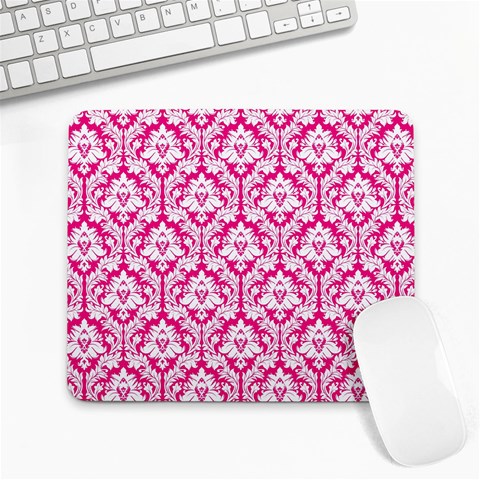 White On Hot Pink Damask Large Mouse Pad (Rectangle) from ArtsNow.com Front