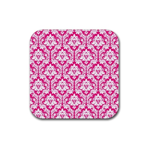 White On Hot Pink Damask Drink Coaster (Square) from ArtsNow.com Front