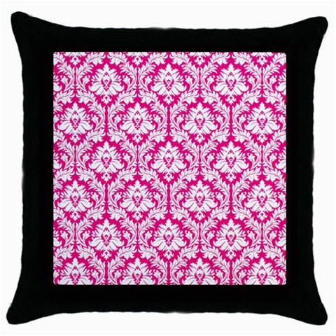 White On Hot Pink Damask Black Throw Pillow Case from ArtsNow.com Front