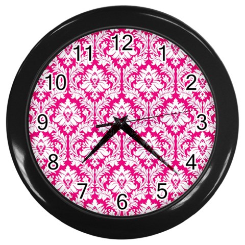 White On Hot Pink Damask Wall Clock (Black) from ArtsNow.com Front