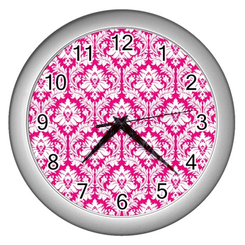 White On Hot Pink Damask Wall Clock (Silver) from ArtsNow.com Front