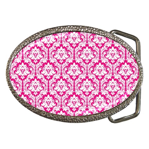 White On Hot Pink Damask Belt Buckle (Oval) from ArtsNow.com Front