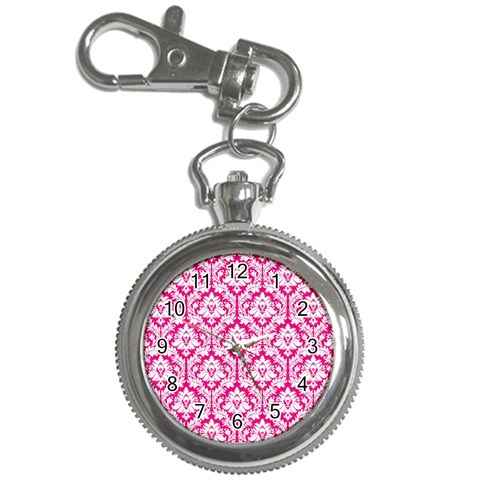 White On Hot Pink Damask Key Chain Watch from ArtsNow.com Front