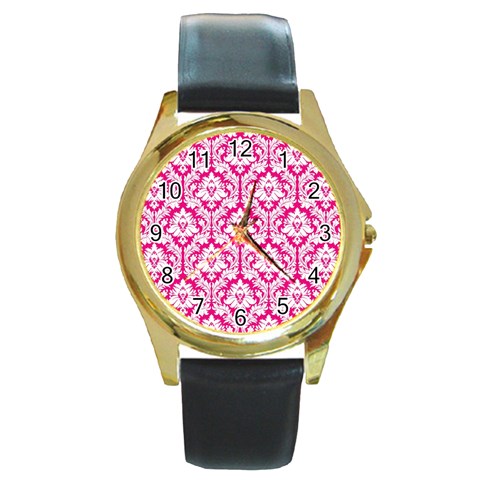 White On Hot Pink Damask Round Leather Watch (Gold Rim)  from ArtsNow.com Front