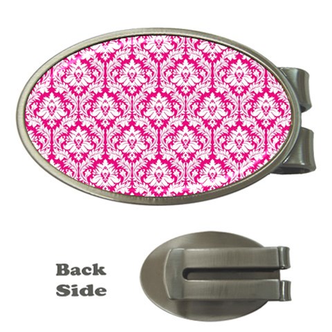 White On Hot Pink Damask Money Clip (Oval) from ArtsNow.com Front