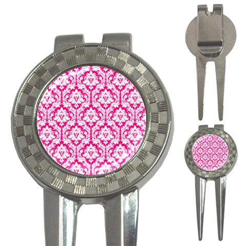 White On Hot Pink Damask Golf Pitchfork & Ball Marker from ArtsNow.com Front