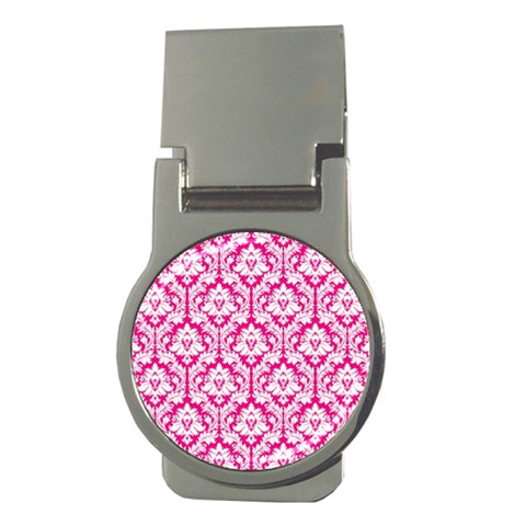 White On Hot Pink Damask Money Clip (Round) from ArtsNow.com Front