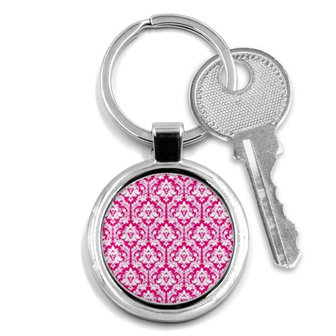 White On Hot Pink Damask Key Chain (Round) from ArtsNow.com Front