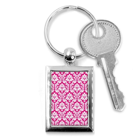 White On Hot Pink Damask Key Chain (Rectangle) from ArtsNow.com Front