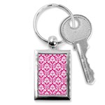 White On Hot Pink Damask Key Chain (Rectangle)