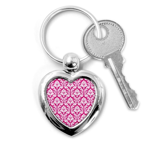 White On Hot Pink Damask Key Chain (Heart) from ArtsNow.com Front