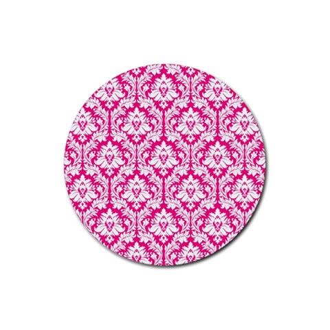 White On Hot Pink Damask Drink Coaster (Round) from ArtsNow.com Front