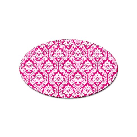 White On Hot Pink Damask Sticker (Oval) from ArtsNow.com Front