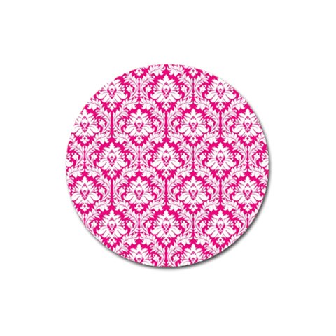 White On Hot Pink Damask Magnet 3  (Round) from ArtsNow.com Front