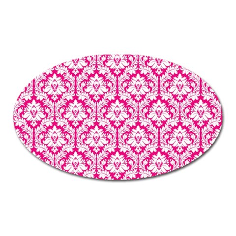 White On Hot Pink Damask Magnet (Oval) from ArtsNow.com Front