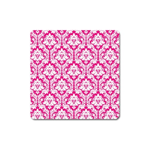 White On Hot Pink Damask Magnet (Square) from ArtsNow.com Front