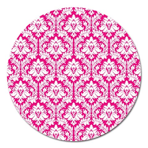 White On Hot Pink Damask Magnet 5  (Round) from ArtsNow.com Front