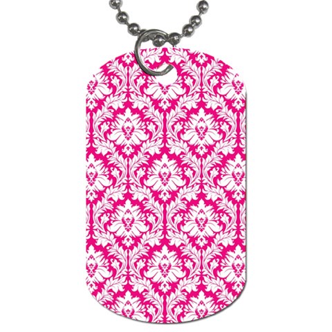 White On Hot Pink Damask Dog Tag (One Sided) from ArtsNow.com Front