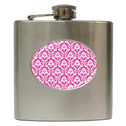 White On Hot Pink Damask Hip Flask from ArtsNow.com Front