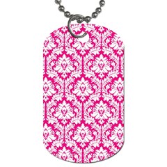 White On Hot Pink Damask Dog Tag (Two Front