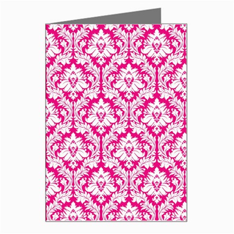 White On Hot Pink Damask Greeting Card from ArtsNow.com Left